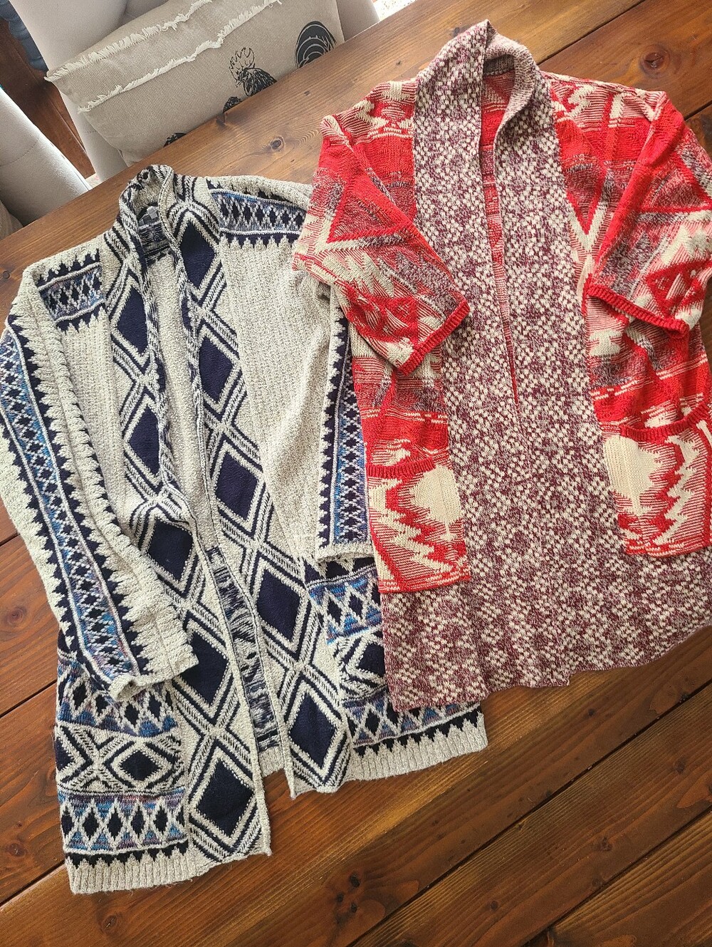 Lucky Brand Cozy Patterned Open Cardigans - Blue/White and Red/Cream